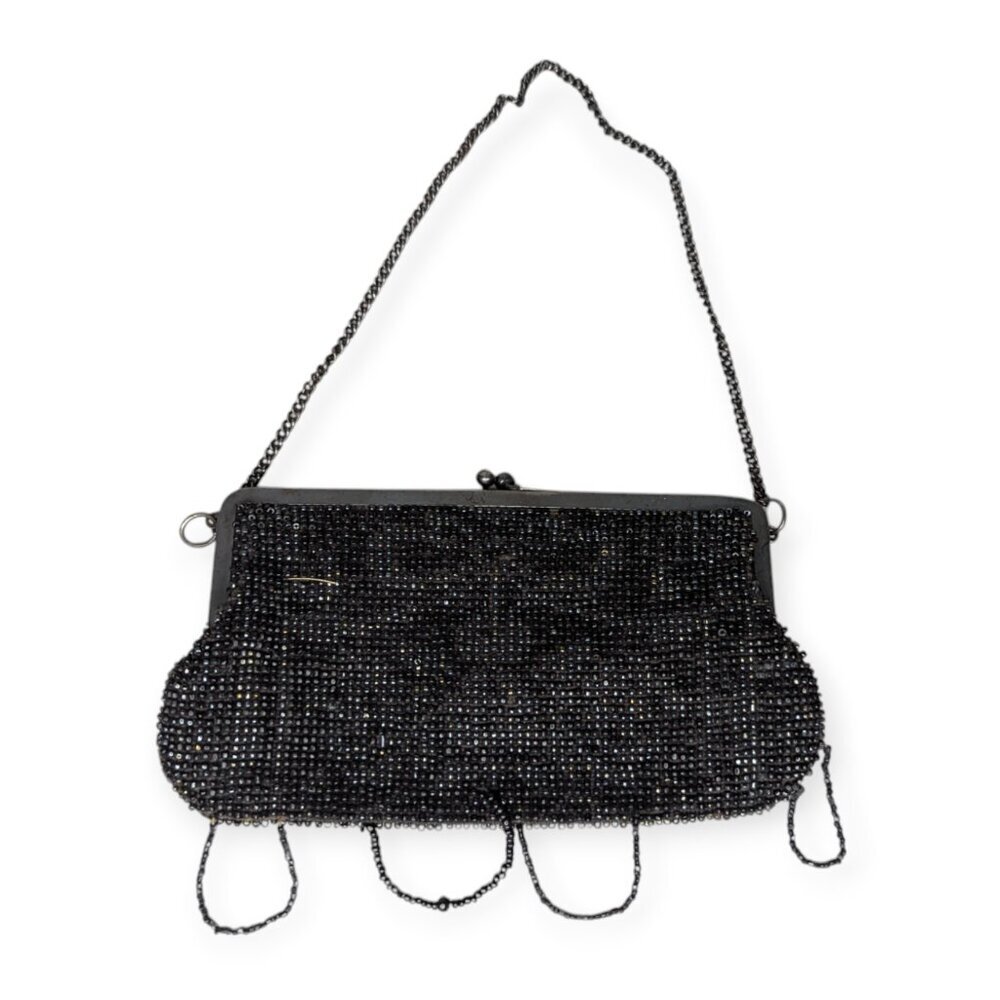 Vintage Black Seed Beaded Frame Handbag with Kiss Lock 7"